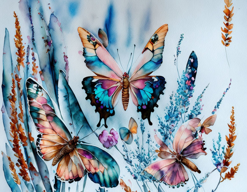 Vibrant butterflies with blending hues and delicate floral elements on textured paper