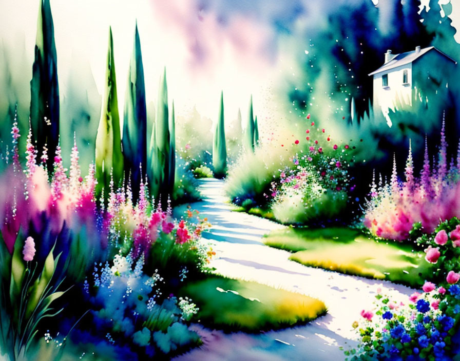 Colorful Watercolor Painting: Pathway with Flowers and House