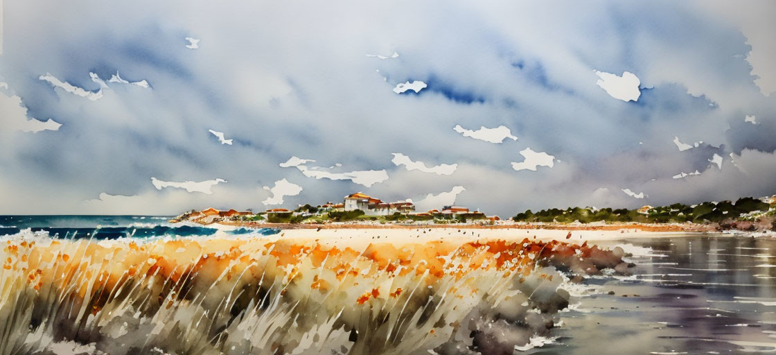 Beach scene watercolor painting with sea oats, reflective shoreline, and dynamic cloudy sky