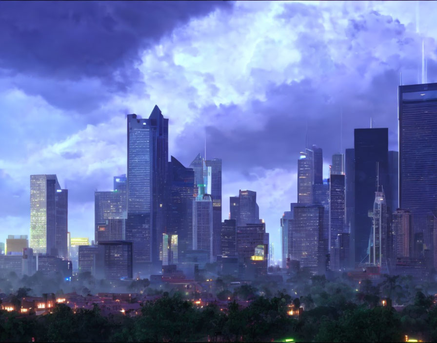 City skyline at twilight with silhouetted skyscrapers and illuminated clouds