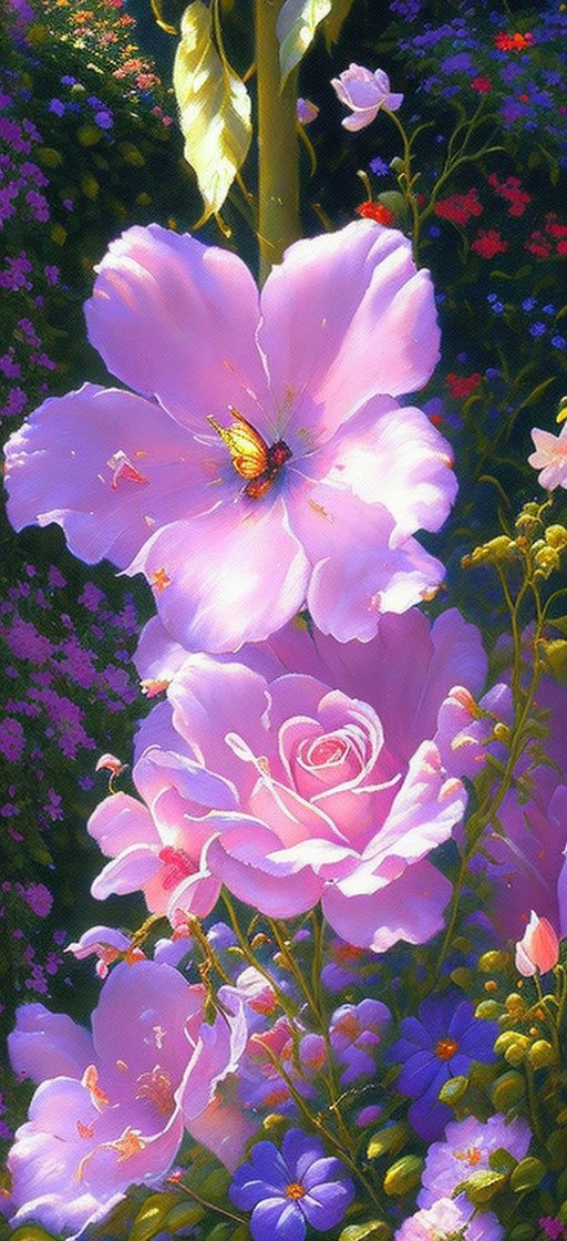 Detailed Painting: Vibrant Pink Flowers, Butterfly, and Green Foliage in Sunlight