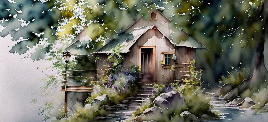 Tranquil Watercolor: Solitary cabin in snowy forest scene