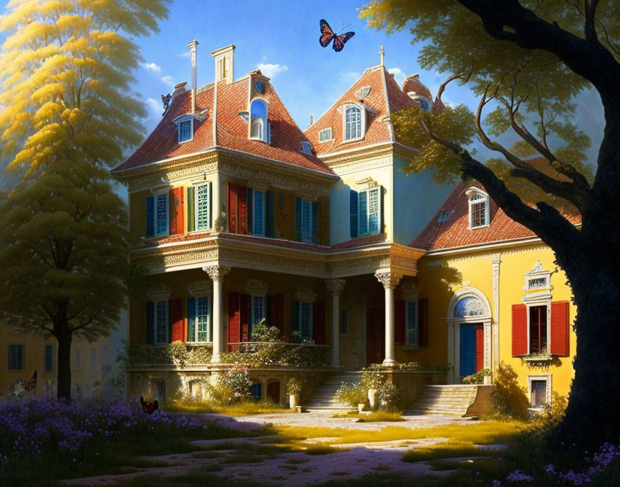 Large Yellow Mansion with Red Shutters Surrounded by Trees and Butterfly