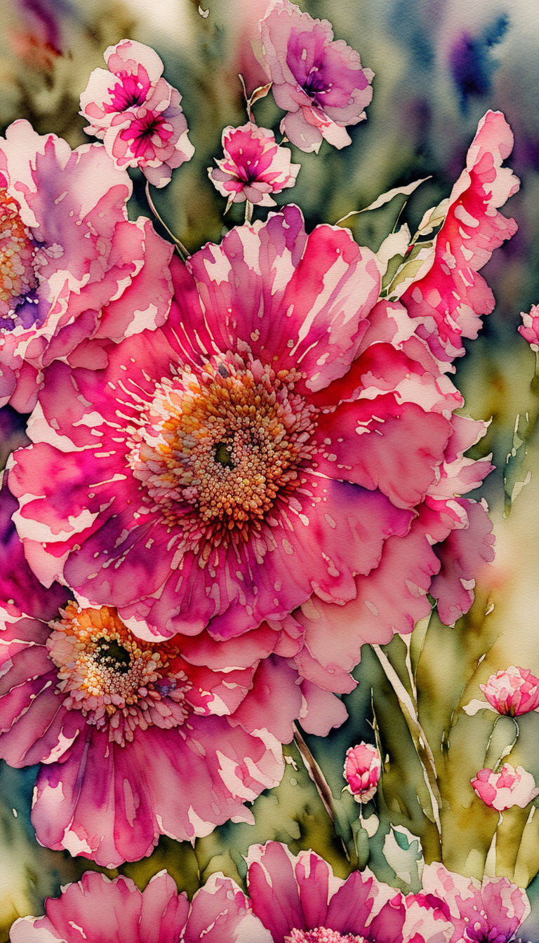 Pink peony flowers in watercolor against green background