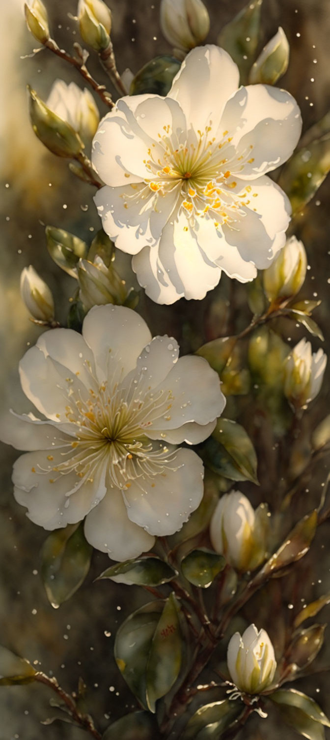 White blossoms with golden centers and buds in soft-focus setting.