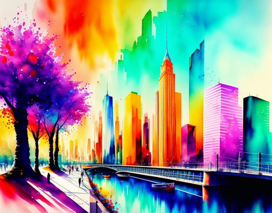 Colorful Cityscape with Rainbow Hues and River Reflections