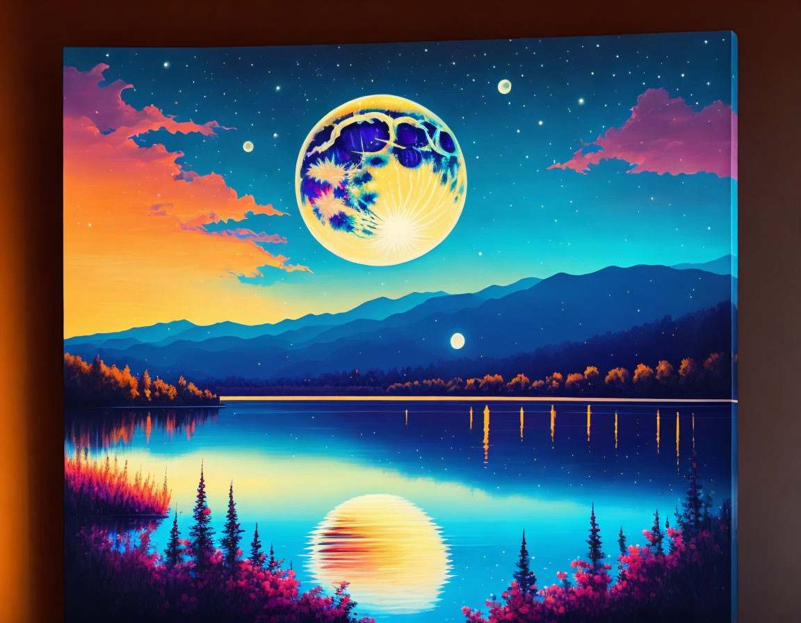 Moonlit mountain landscape painting with starry sky and reflecting lake