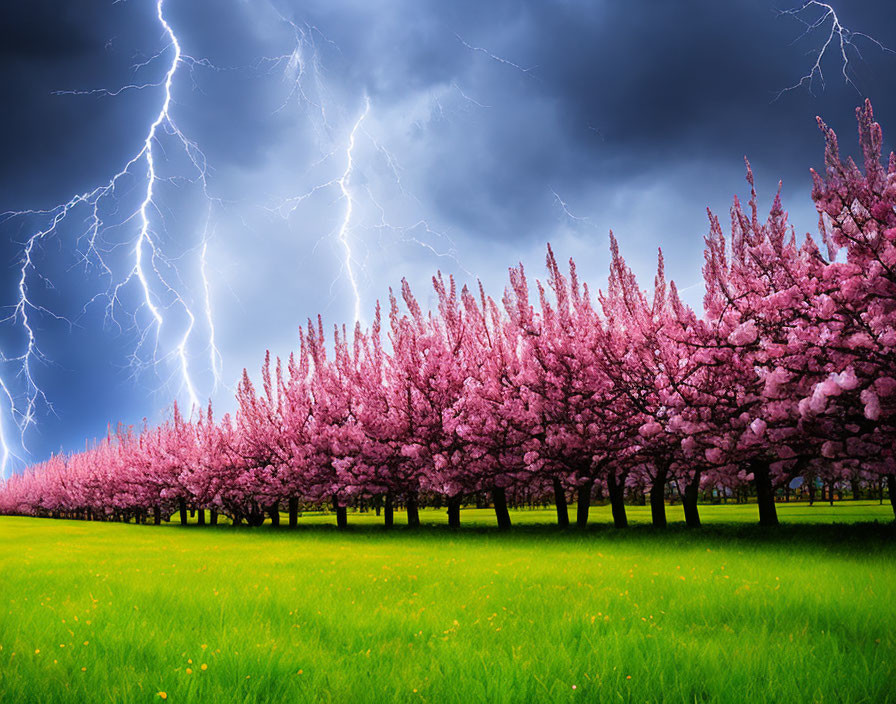 Pink Cherry Trees in Bloom Under Stormy Sky with Lightning Bolts