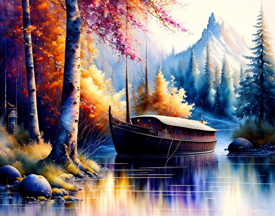 Tranquil autumn landscape with wooden boat, colorful trees, and snowy mountains