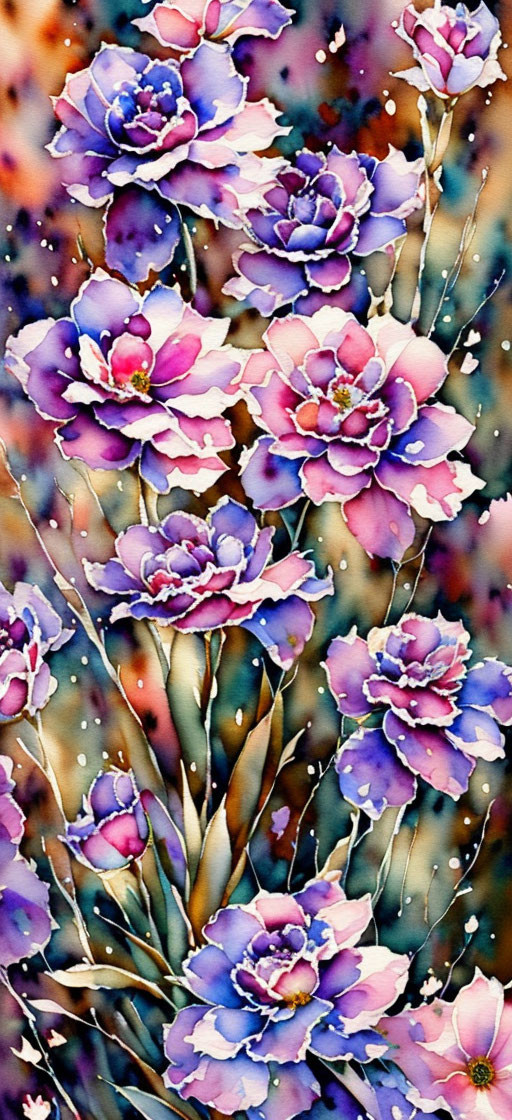 Watercolor flowers in shades of purple, pink, and blue with bokeh effect