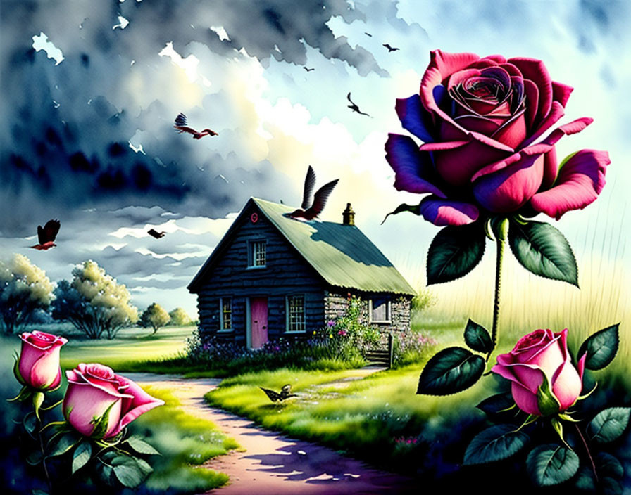 Colorful Artwork: Oversized Roses in Countryside Setting