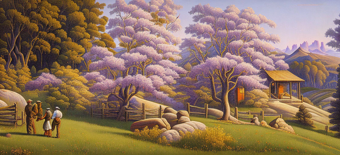 Purple flowering trees, wooden cabin, sheep, and vintage-clad figures in pastoral setting