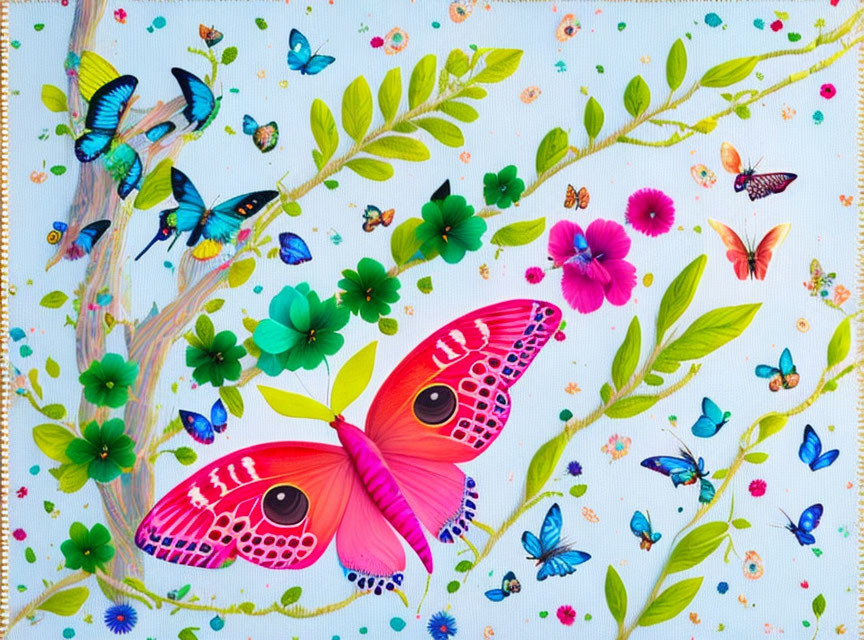 Vibrant Butterfly and Flower Painting on Dotted Background