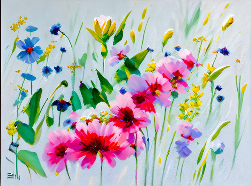 Vibrant impressionistic floral painting with pink, blue flowers on light backdrop