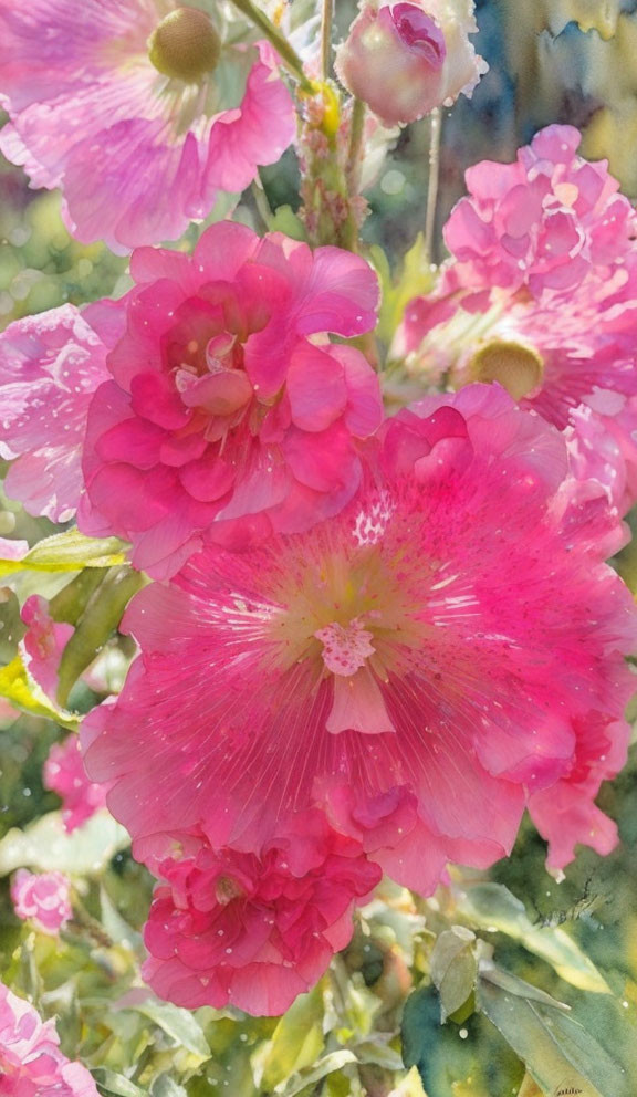 Pink Hollyhocks with Dreamy Filter: Glowing and Ethereal Flowers