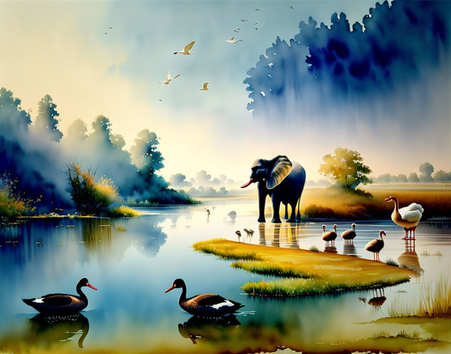 Elephant and Birds by Tranquil Lake at Dawn or Dusk