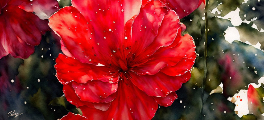 Detailed Watercolor Painting of Red Flower in Full Bloom