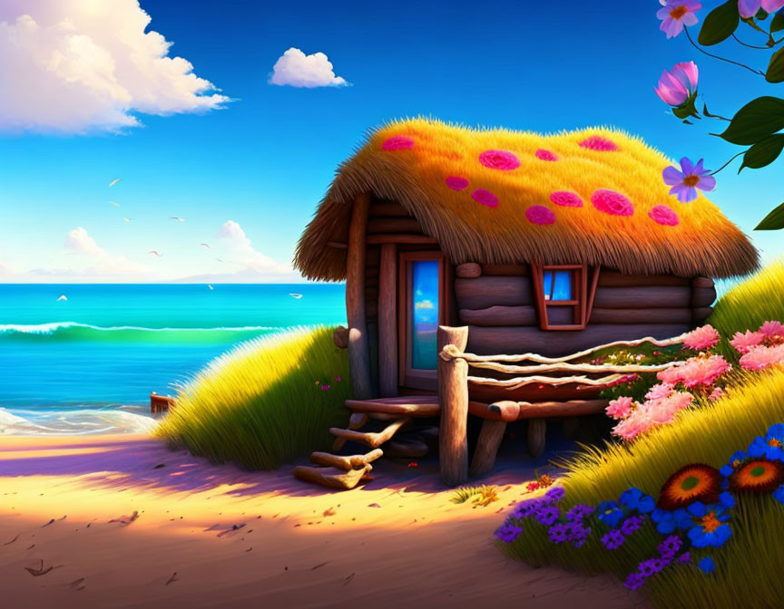 Thatched Roof Cottage with Pink Flowers by Serene Blue Ocean