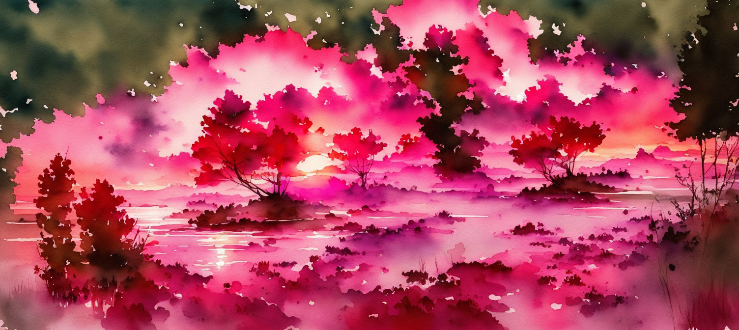 Colorful Watercolor Landscape: Sunset, Silhouetted Trees, Pink & Purple Sky