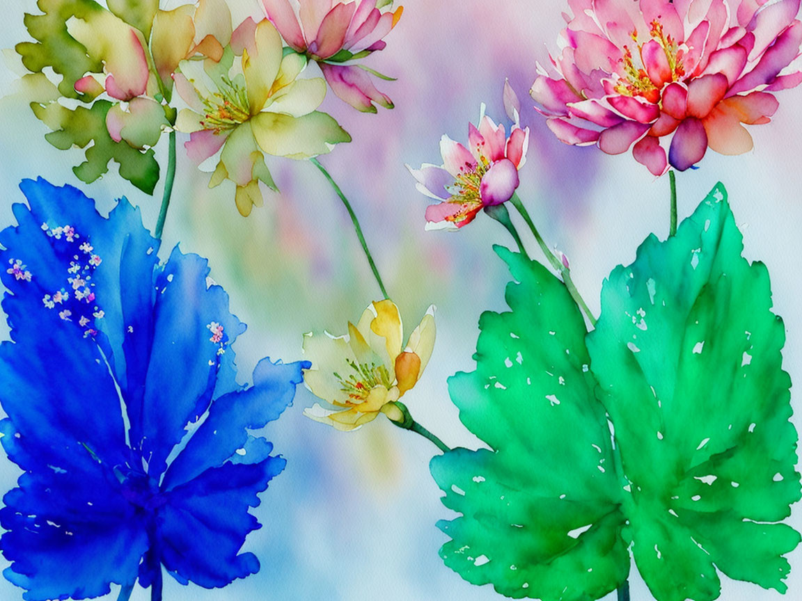 Colorful watercolor painting of blue and green leaves with pink and yellow flowers on a soft background