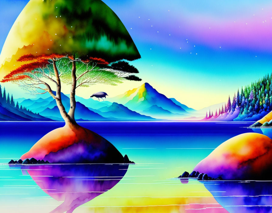 Colorful Landscape with Floating Islands, Seasonal Tree, Lake, and Twilight Sky