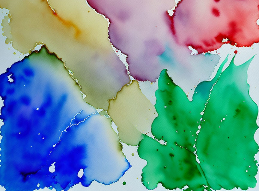 Colorful watercolor painting with blue, green, red, and yellow hues blending softly.