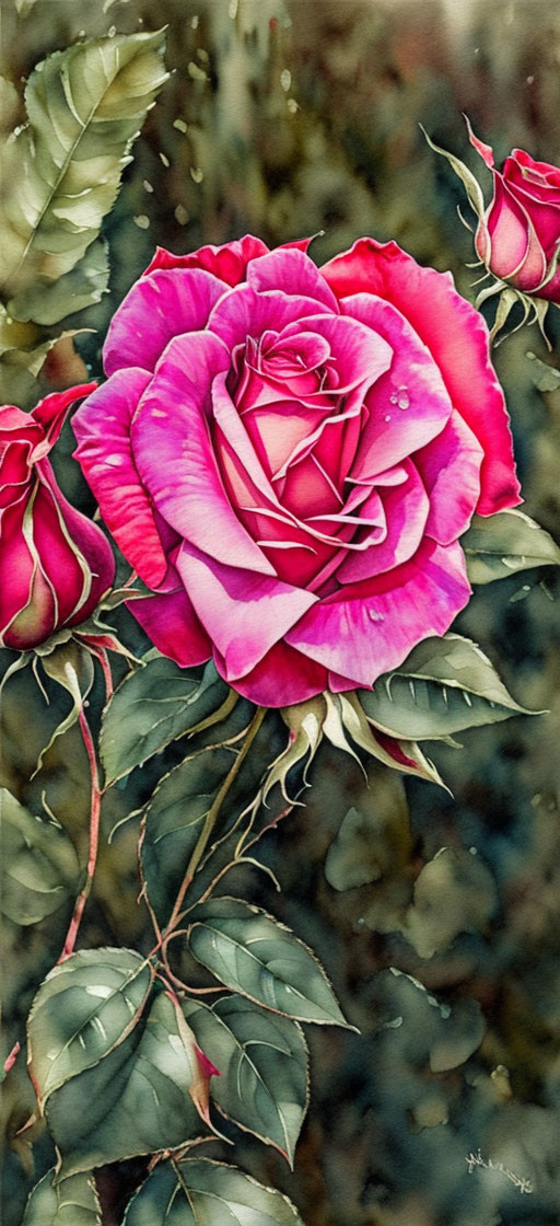 Pink Rose Painting with Gradient Center and Green Leaves on Speckled Background