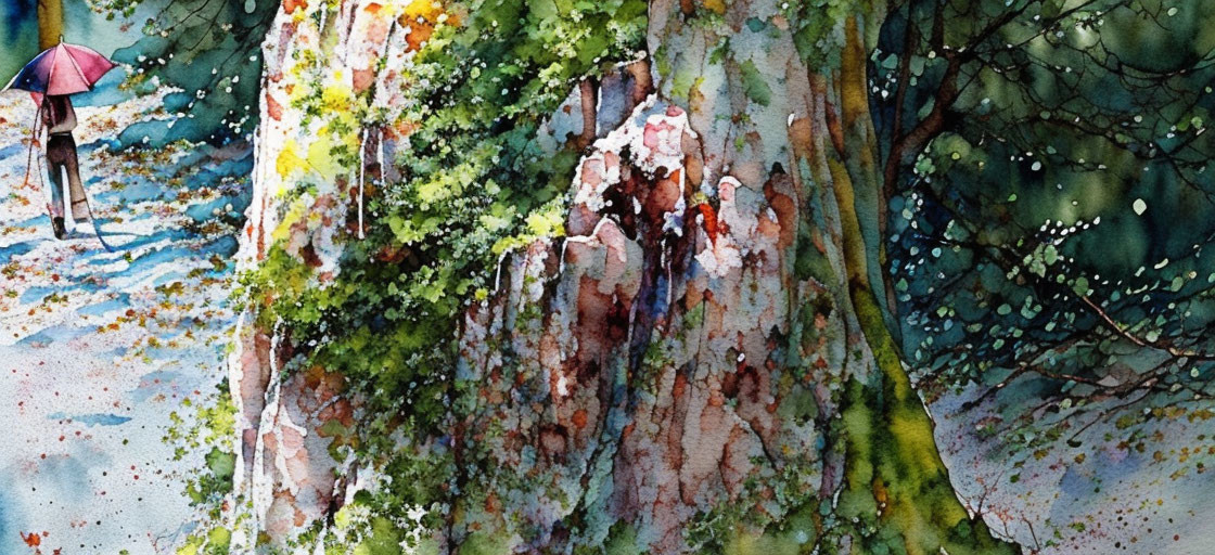 Lush forest watercolor painting with person and umbrella