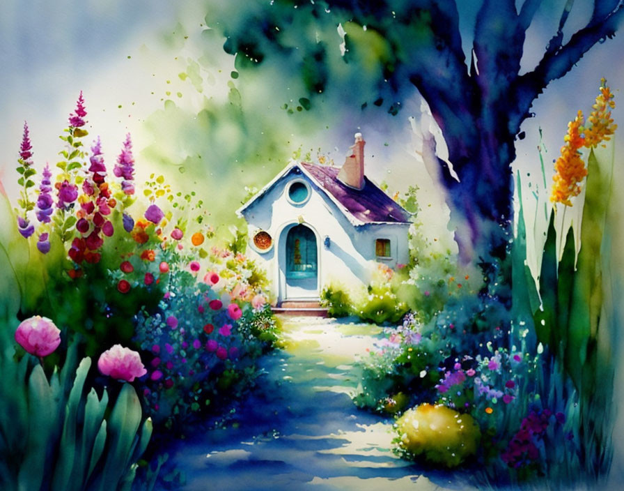 Vibrant watercolor painting of white cottage and lush gardens