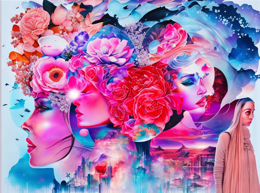 Surreal artwork: Women's faces with floral, birds, cityscape, cosmic sky