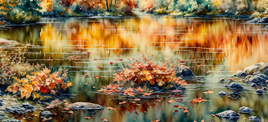 Vibrant autumn landscape with colorful trees, serene water, rocks, and fallen leaves