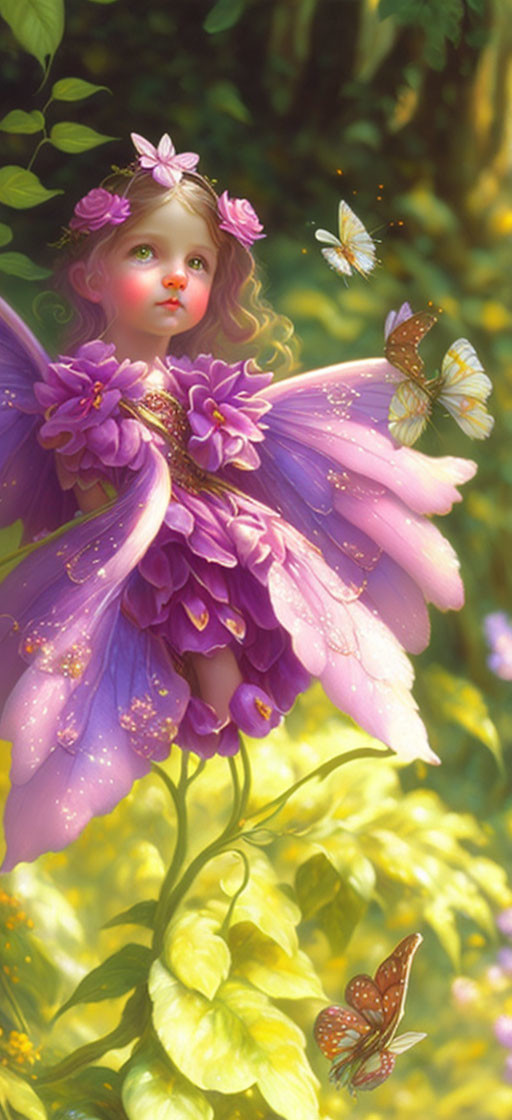 Illustration of fairy child with purple wings in vibrant garden