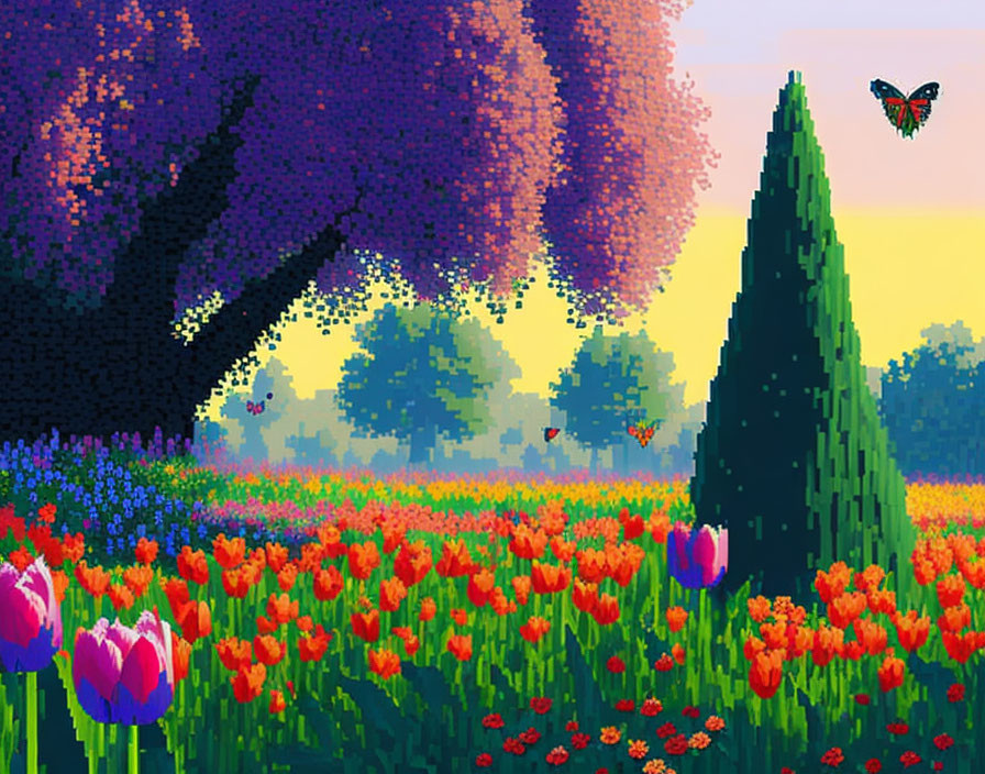 Colorful pixel art scene with tulips, blooming tree, butterfly, and sunset sky.