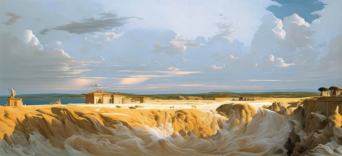 Expansive Classical Landscape with Golden Cliffs & Ancient Buildings