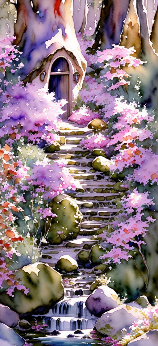 Whimsical watercolor painting of fairy-tale cottage in lush forest