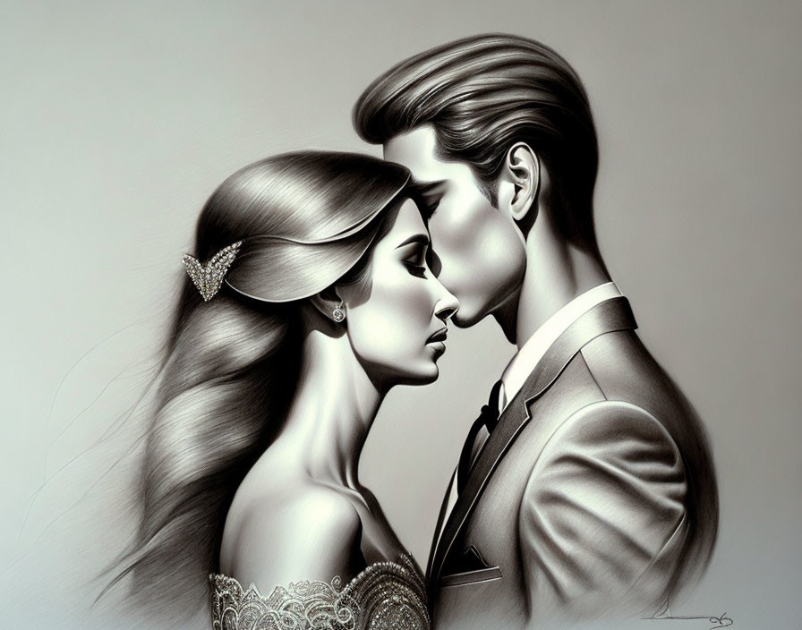 Monochromatic artwork of a romantic embrace between elegantly dressed man and woman