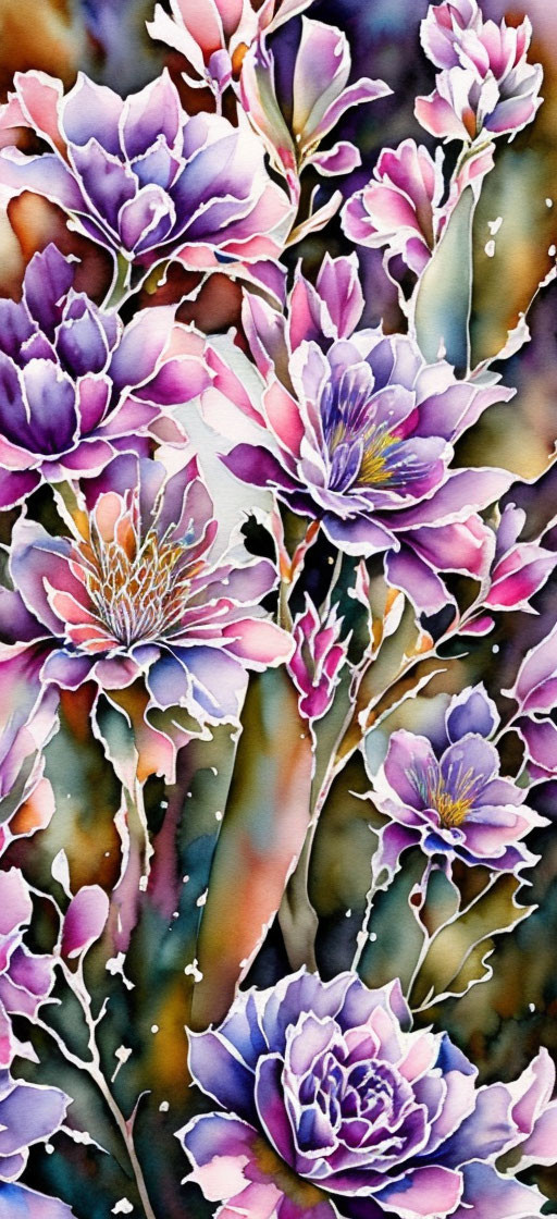 Colorful Watercolor Painting of Purple and Pink Flowers on Speckled Background