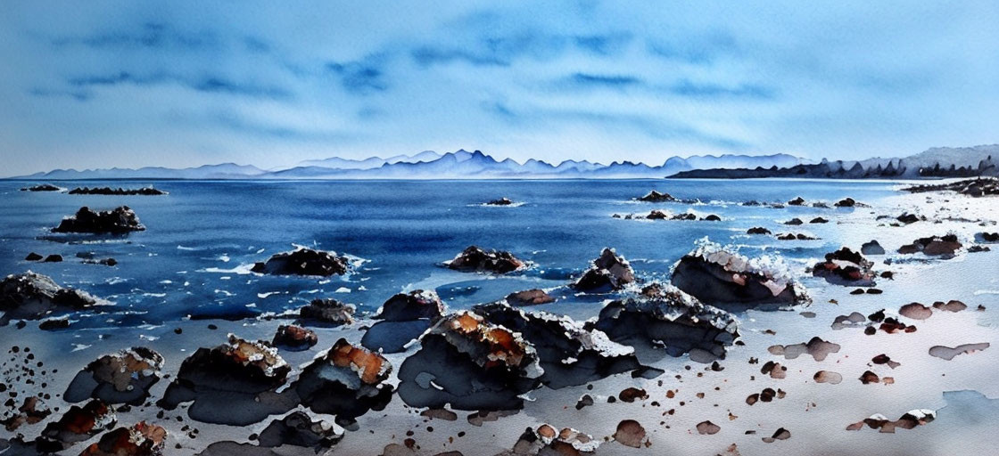 Serene coastal watercolor painting with blue sea and mountains