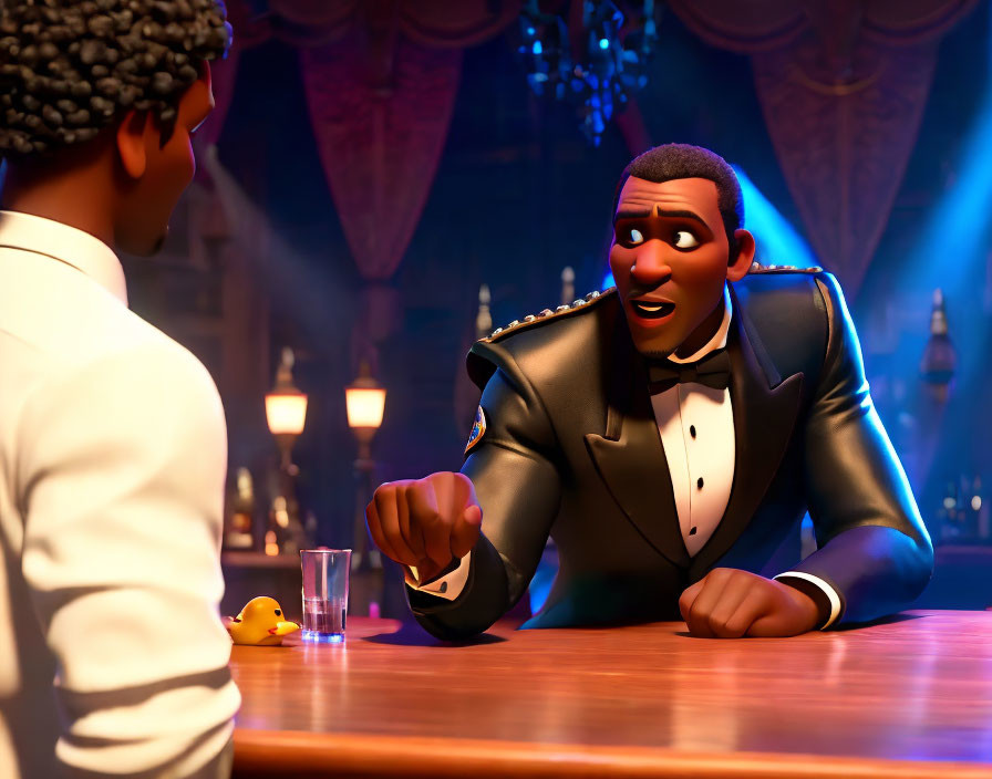 Animated characters in white jacket and tuxedo with rubber duck on bar counter