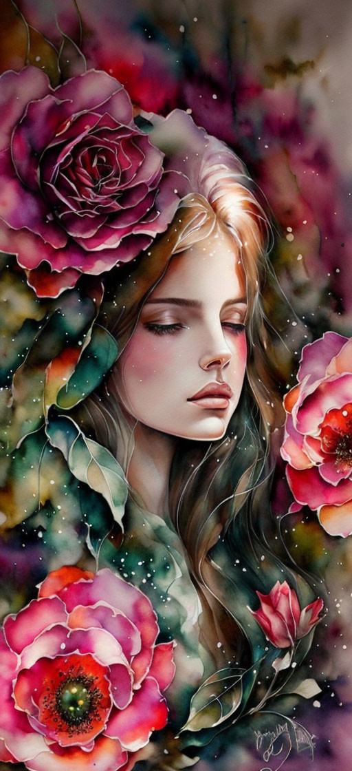 Realistic and abstract painting of a woman with closed eyes among vibrant roses