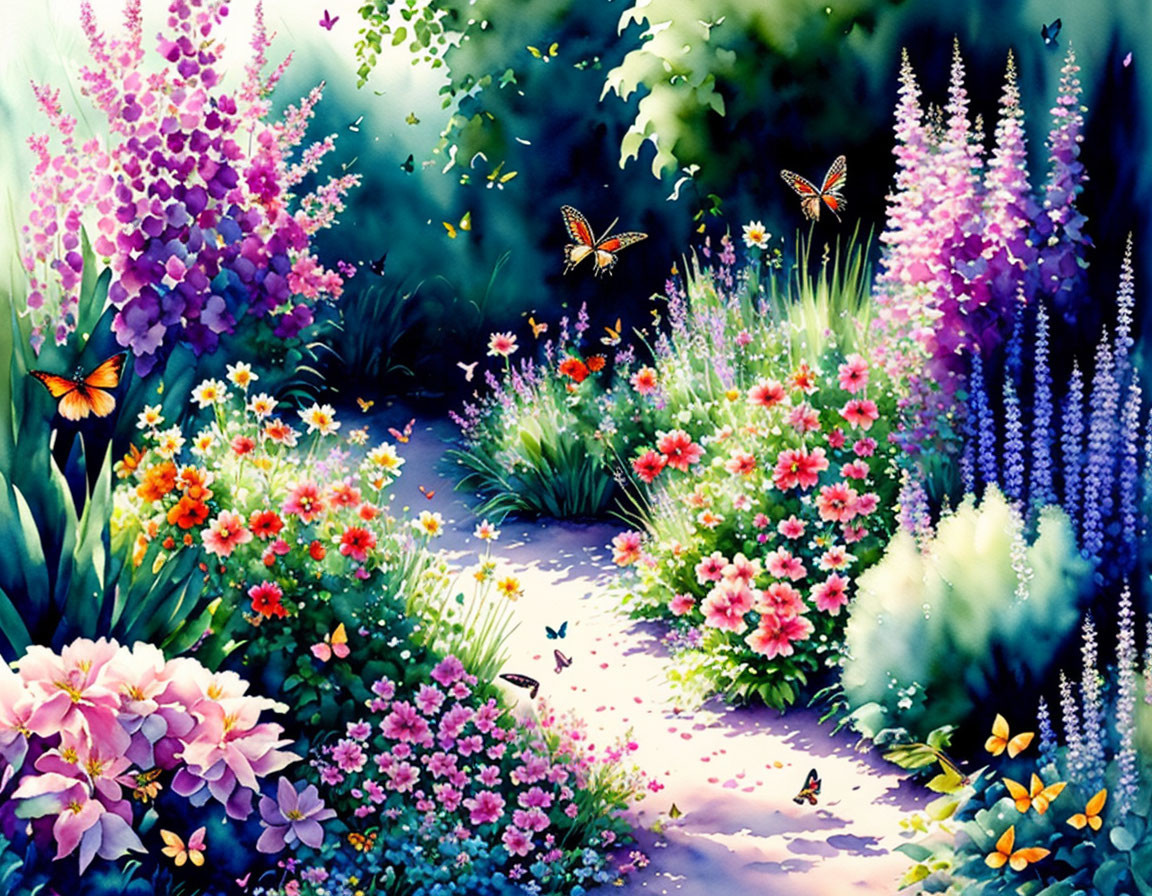 Colorful Garden Path with Blooming Flowers and Butterflies