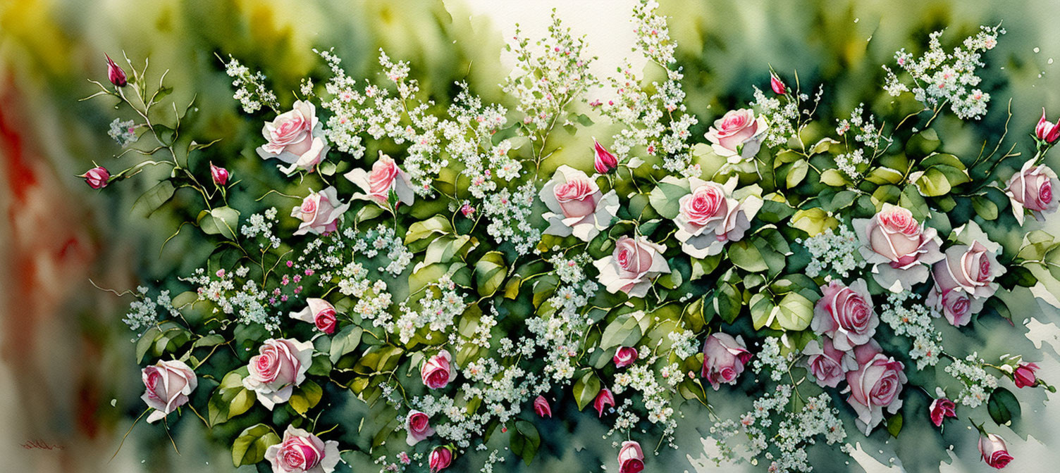 Lush Rose Bush Watercolor Painting with Pink Roses