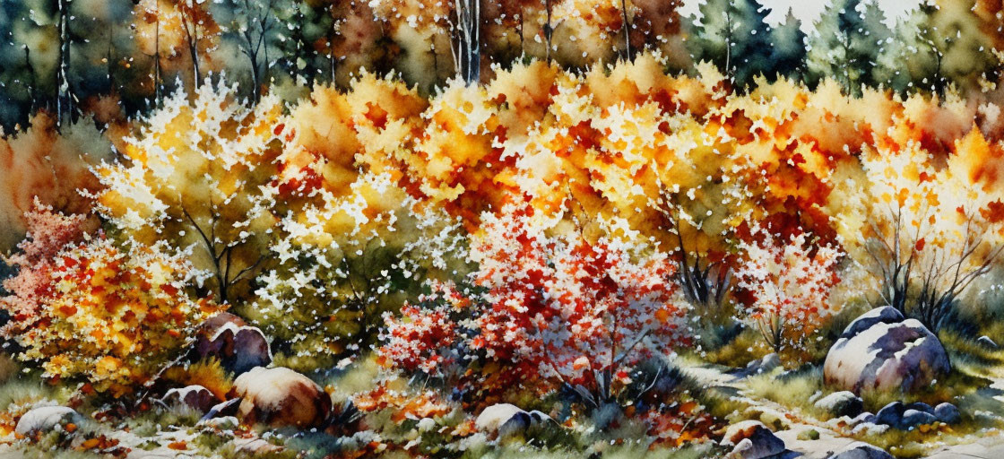 Colorful Watercolor Painting of Autumn Forest Scenery