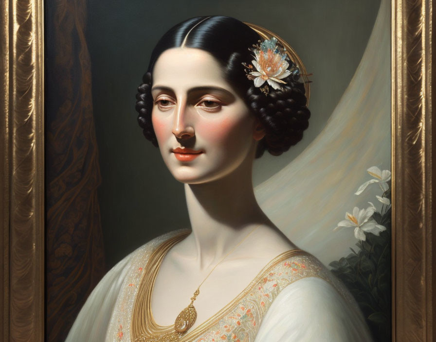 Woman in white dress with gold jewelry and flower in hair portrait.