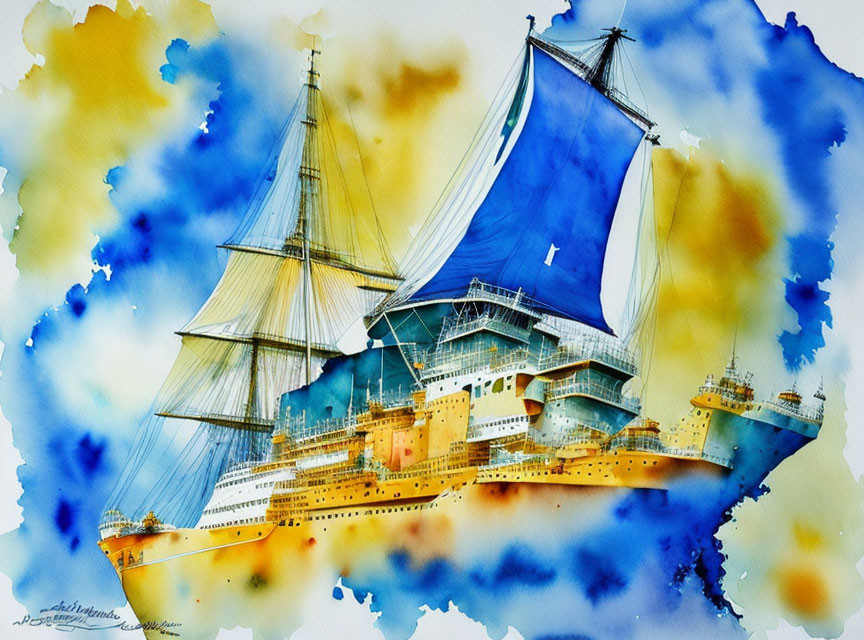 Vivid watercolor painting: historic sailing ship & modern cruise liner on colorful background