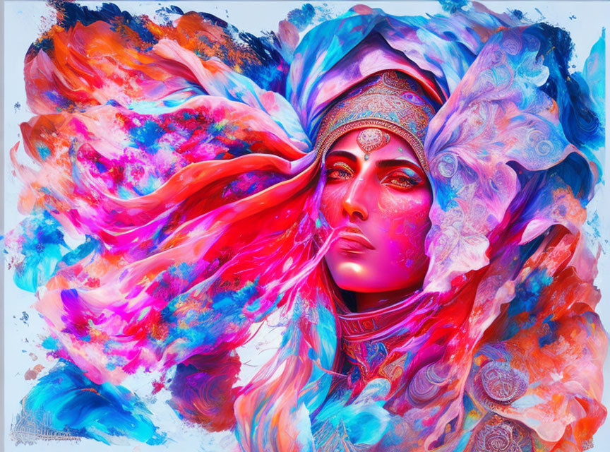 Colorful artwork of woman with flowing hair and headdress against abstract background