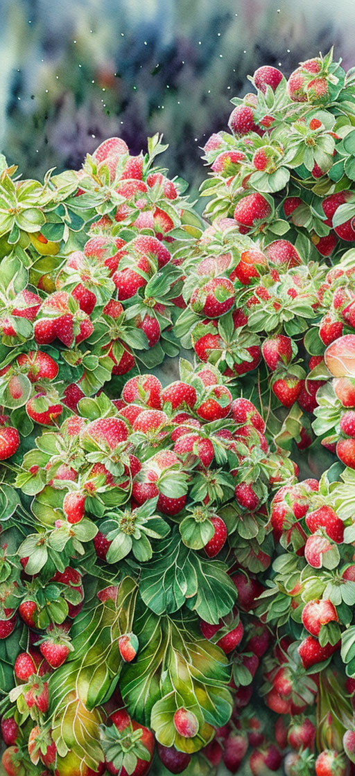 Ripe red strawberries on lush plant with bokeh and water droplets