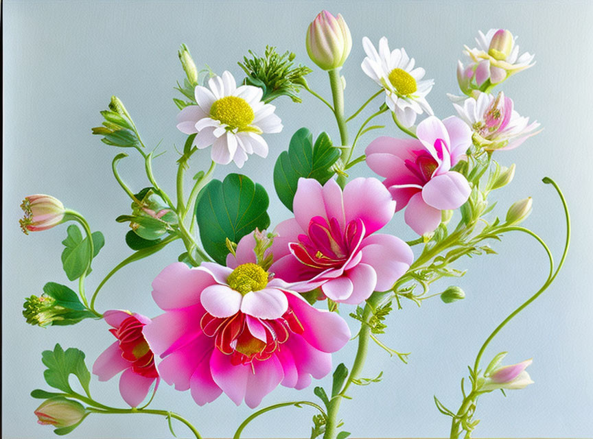 Stylized pink and white flowers on soft blue backdrop