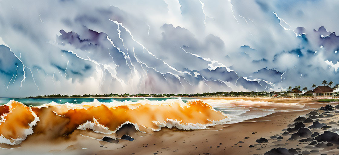 Stormy Tropical Beach Panorama: Lightning, Crashing Waves, Dark Rocks