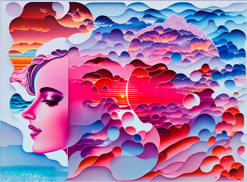 Colorful surreal artwork: Woman's profile merged with vibrant, wavy patterns against sunset